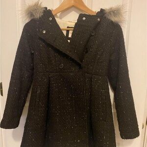 Girls wool coat with sparkle thread and fur hood sz 8